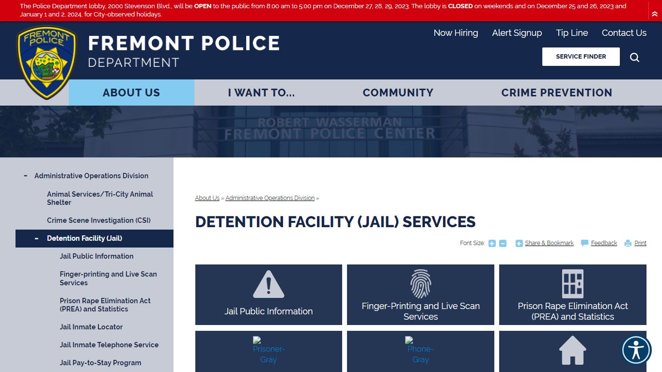 Detention Facility (Jail) Services | Fremont Police Department, CA